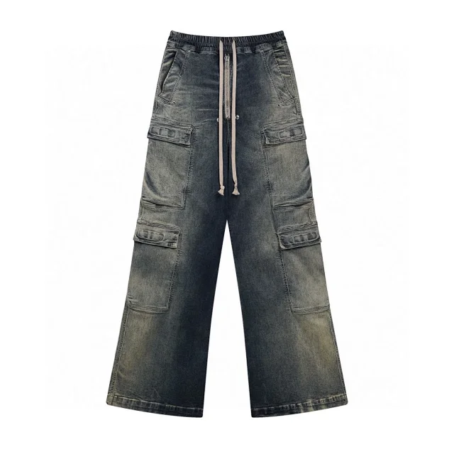Dark Wash Cargo Jeans with Drawstring Waist