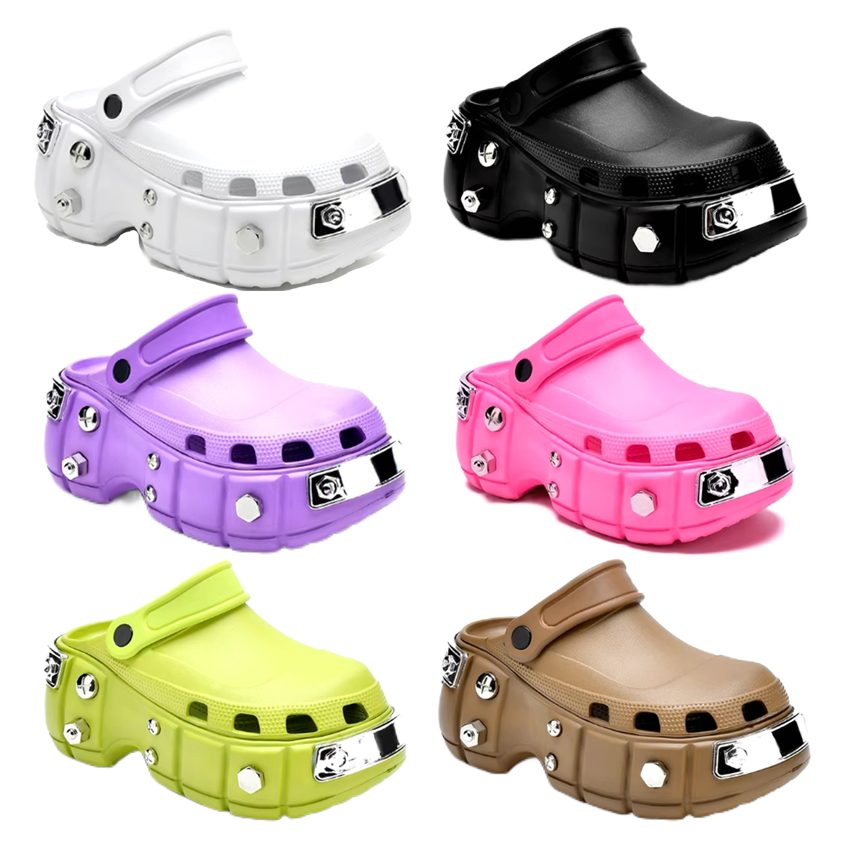 Studded Platform Clogs in White, Black, Purple, Pink, Green, and Brown