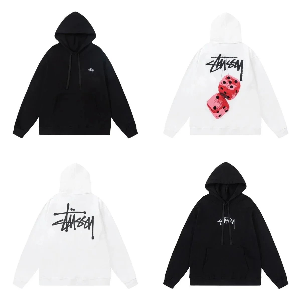 Stussy Black and White Hoodies with Dice and Logo Prints