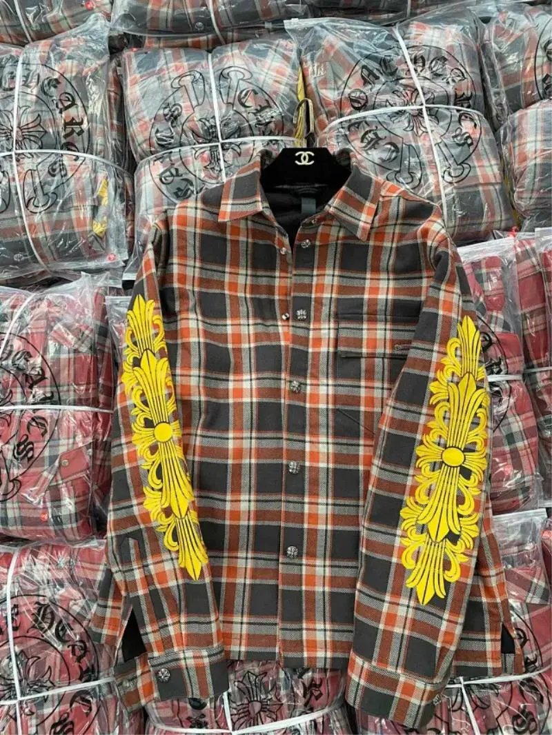 Chanel Orange and Grey Plaid Flannel Shirt