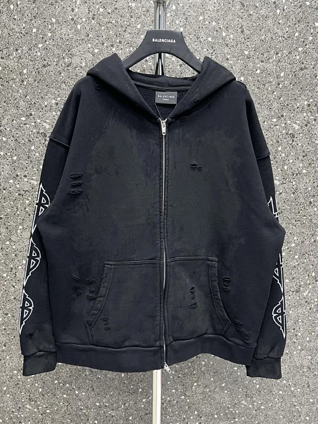 Balenciaga Black Distressed Zip-Up Hoodie