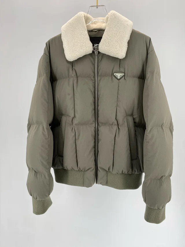 Prada Olive Puffer Jacket with Faux Fur Collar