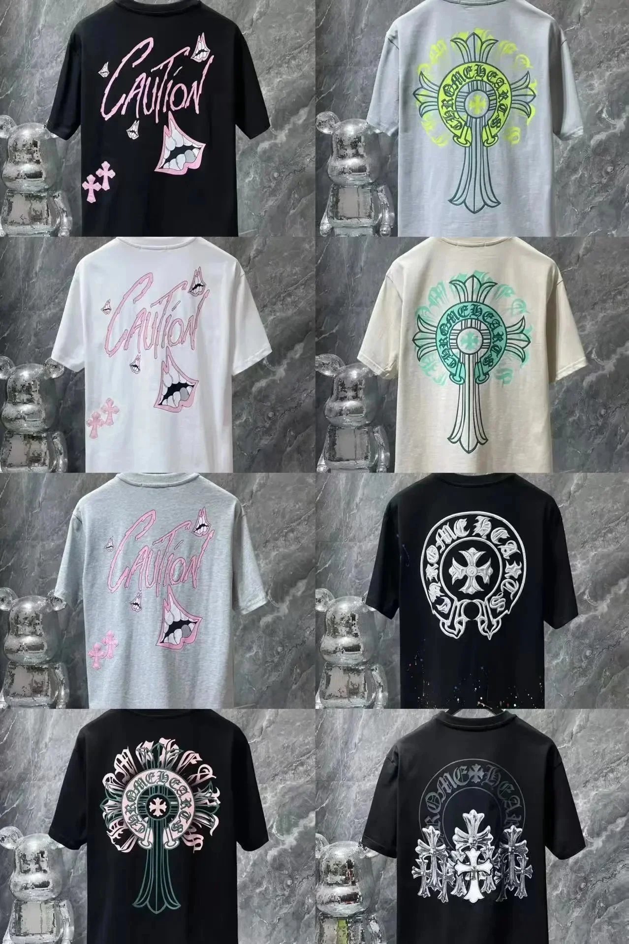 Chrome Hearts Black White Grey Cross Print T-Shirts
