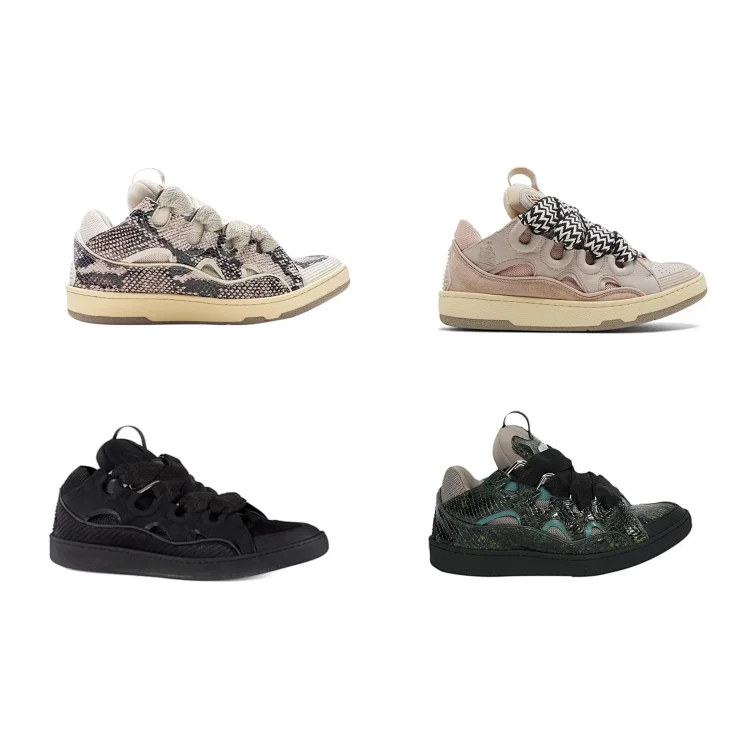 Four Sneaker Styles: Beige, Pink, Black, and Green Snake Print Low Tops