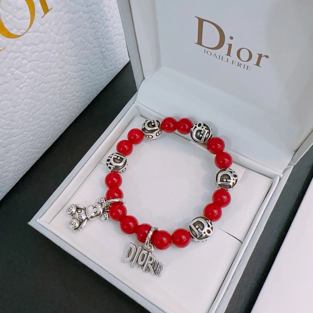 Dior Red Bead Bracelet with Silver Charms