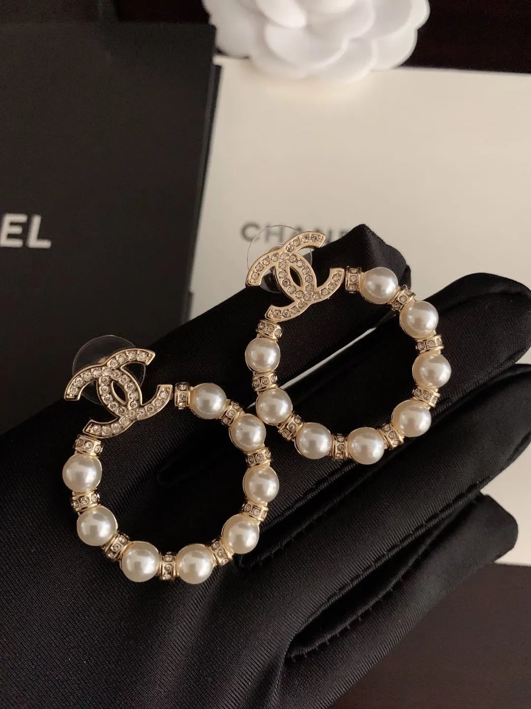 Chanel Gold Pearl Hoop Earrings