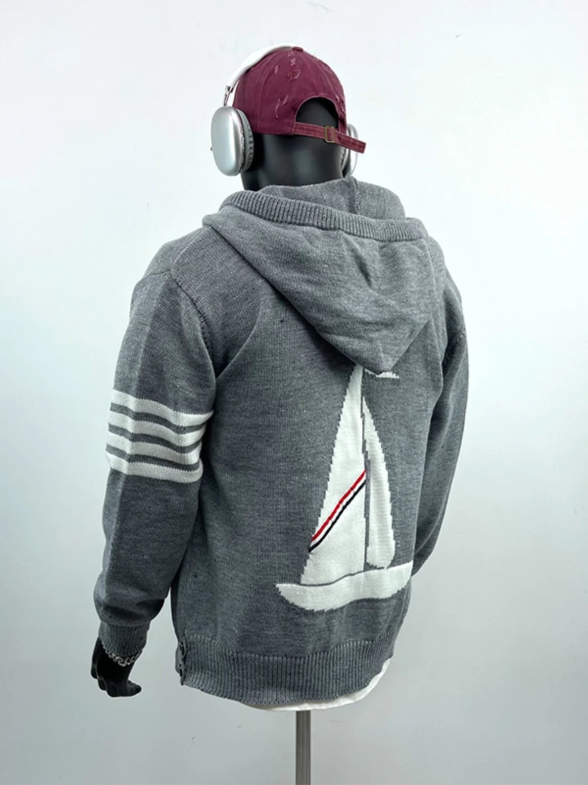 Gray Hooded Knit Sweater with Sailboat Design