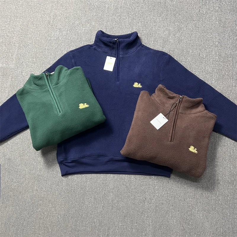Unisex Half-Zip Fleece Sweater in Navy, Green, and Brown