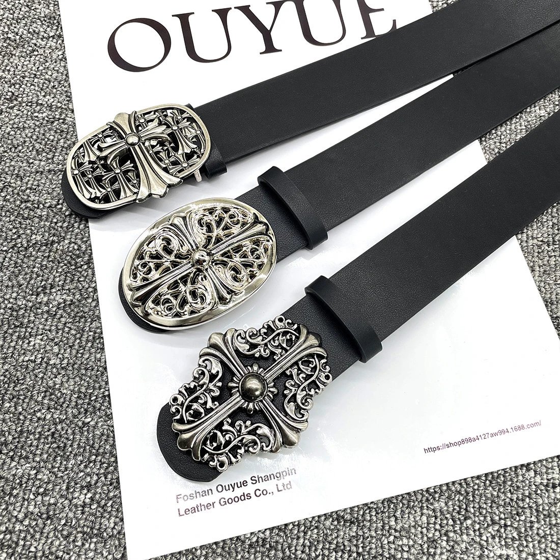 Ouyue Black Leather Belt with Ornate Buckle