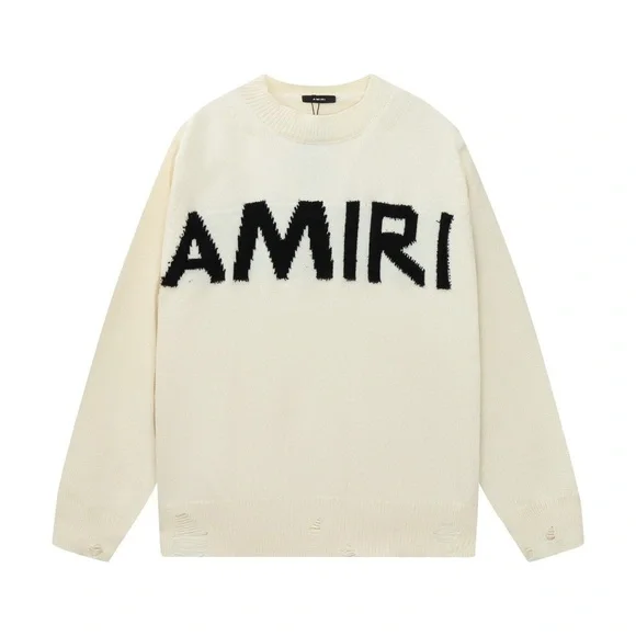 Amiri Cream Distressed Logo Sweater