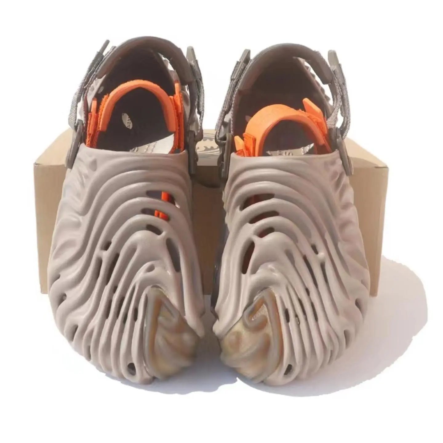 Yeezy Taupe Clog Shoes with Orange Straps