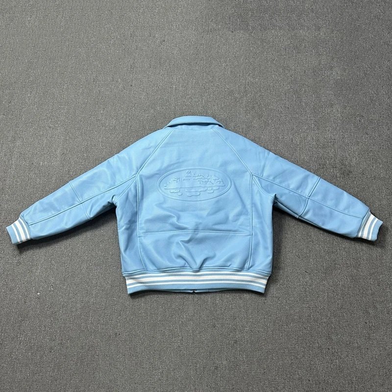 Light Blue Leather Bomber Jacket